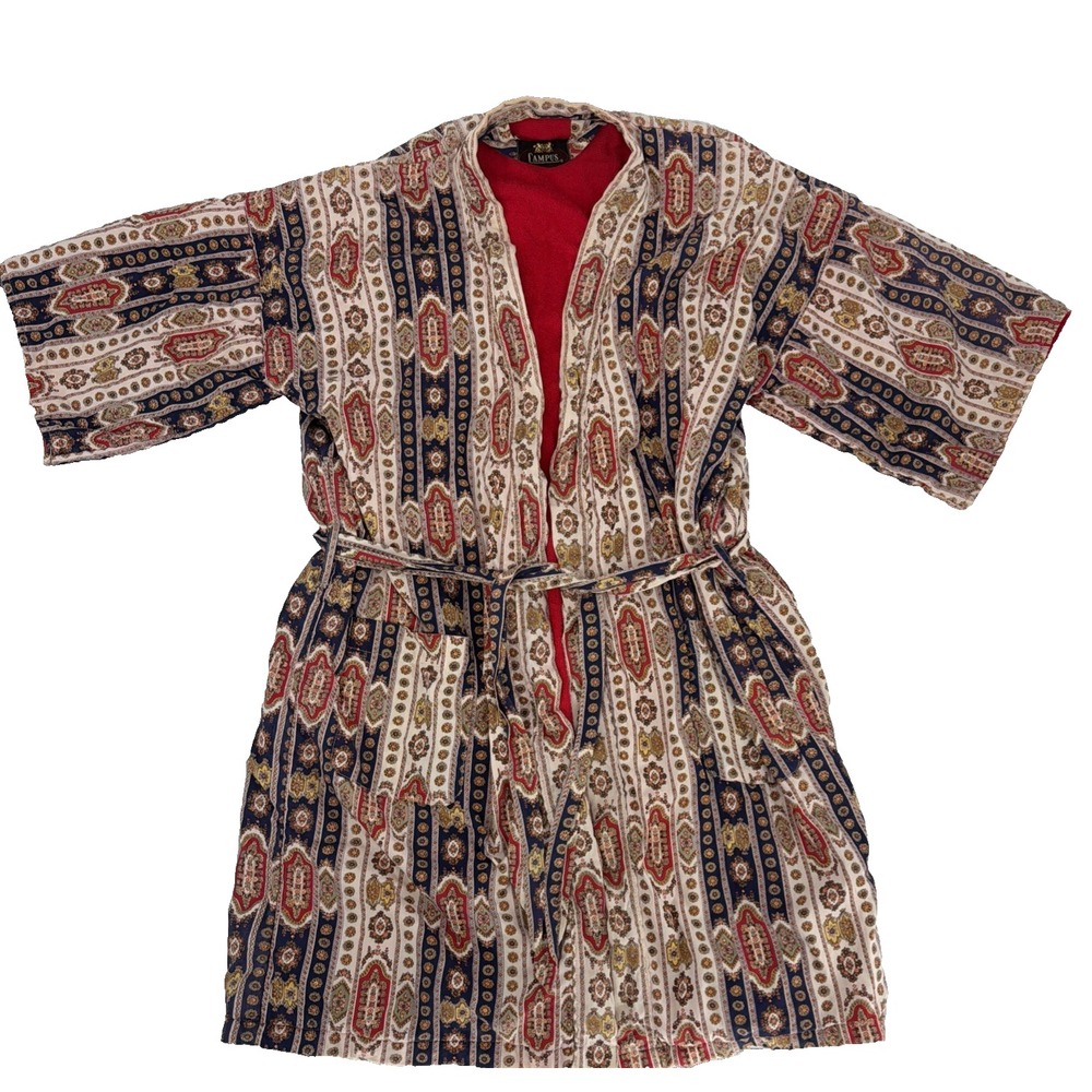 Vtg 60s 70s Campus Terry Lined Kimono Robe Paisley Medallion Smoking Jacket OS